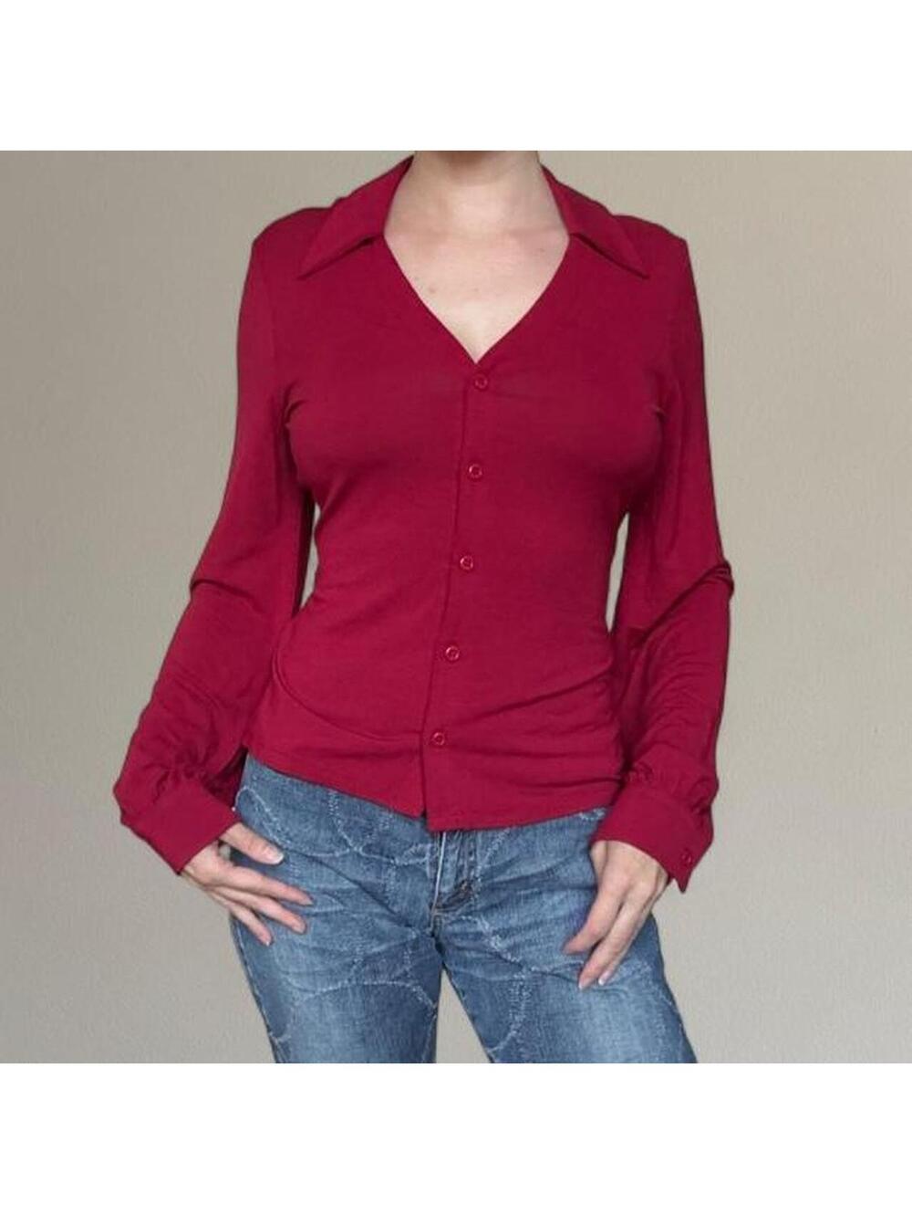 Red button up blouse from Moda International. Size S.